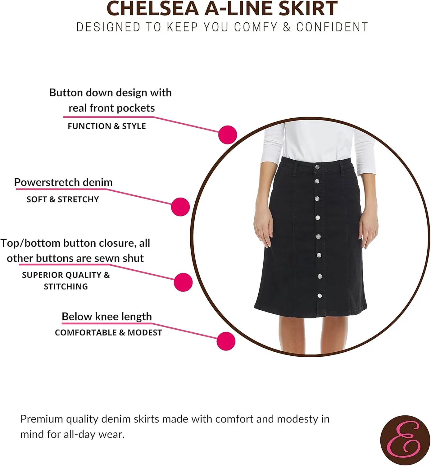 ESTEEZ Knee Length Flary A-Line Stretch Denim Jean Skirt for Women with Pockets - Chelsea