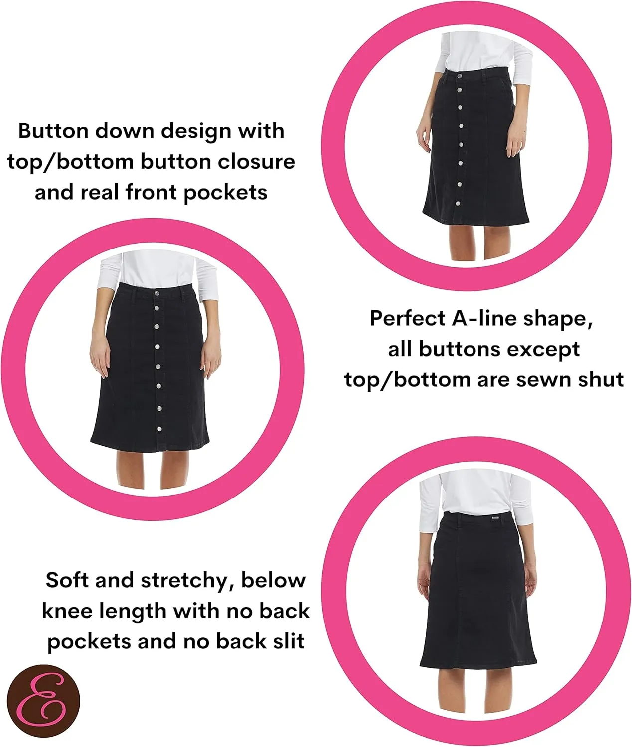ESTEEZ Knee Length Flary A-Line Stretch Denim Jean Skirt for Women with Pockets - Chelsea