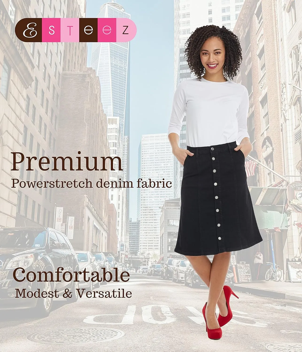 ESTEEZ Knee Length Flary A-Line Stretch Denim Jean Skirt for Women with Pockets - Chelsea