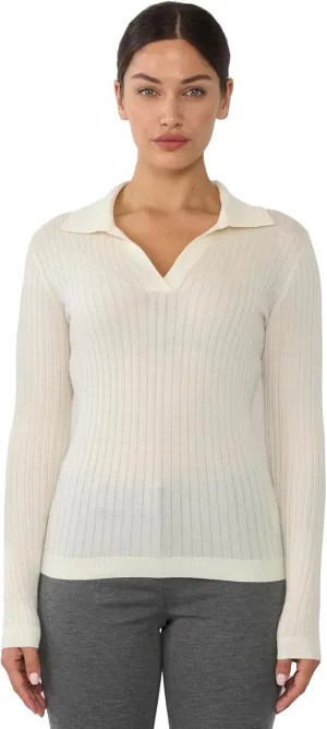 JENNIE LIU Tissue Weight Cashmere Silk Rib-Knit Johnny Collar Polo Sweater