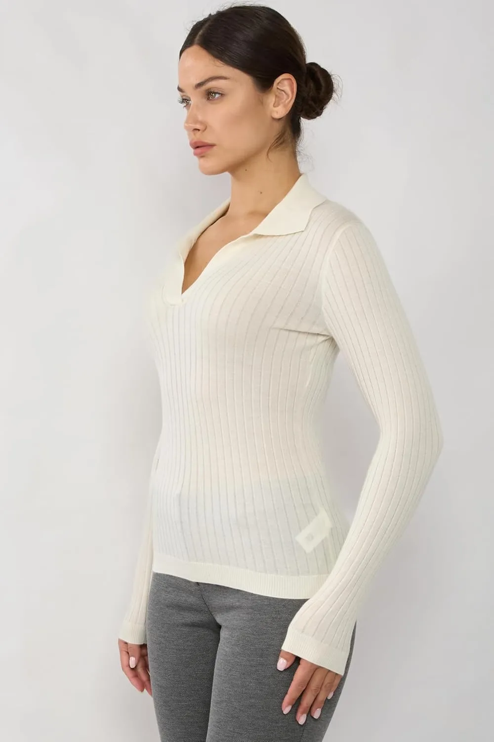 JENNIE LIU Tissue Weight Cashmere Silk Rib-Knit Johnny Collar Polo Sweater