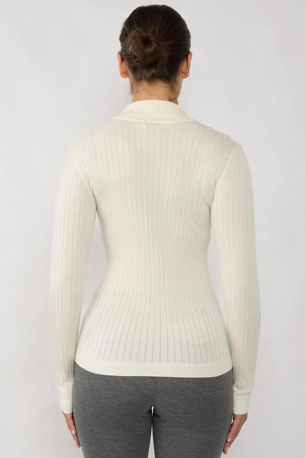 JENNIE LIU Tissue Weight Cashmere Silk Rib-Knit Johnny Collar Polo Sweater