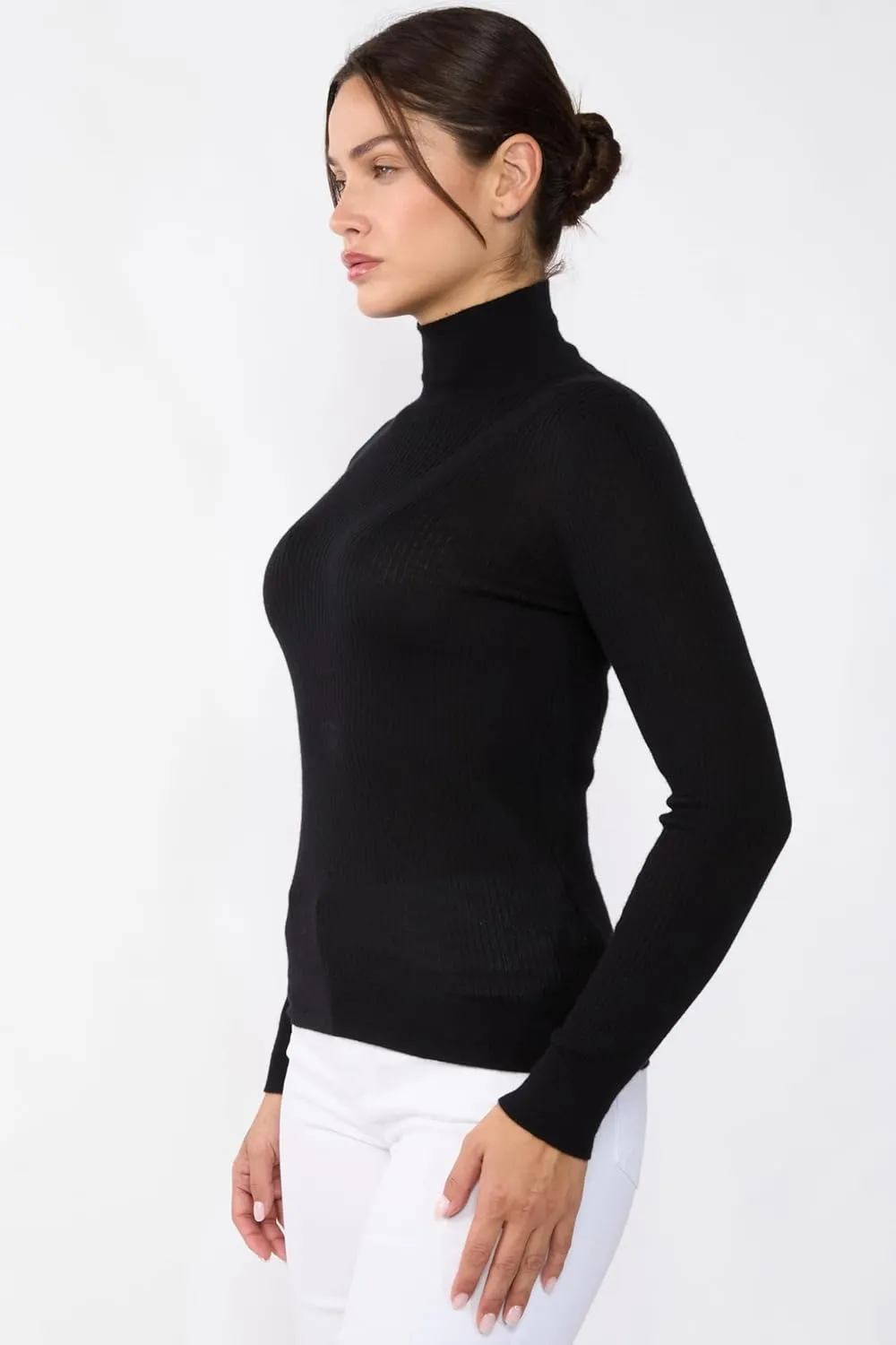 JENNIE LIU Tissue Weight Cashmere Silk Rib-Knit Turtleneck Sweater