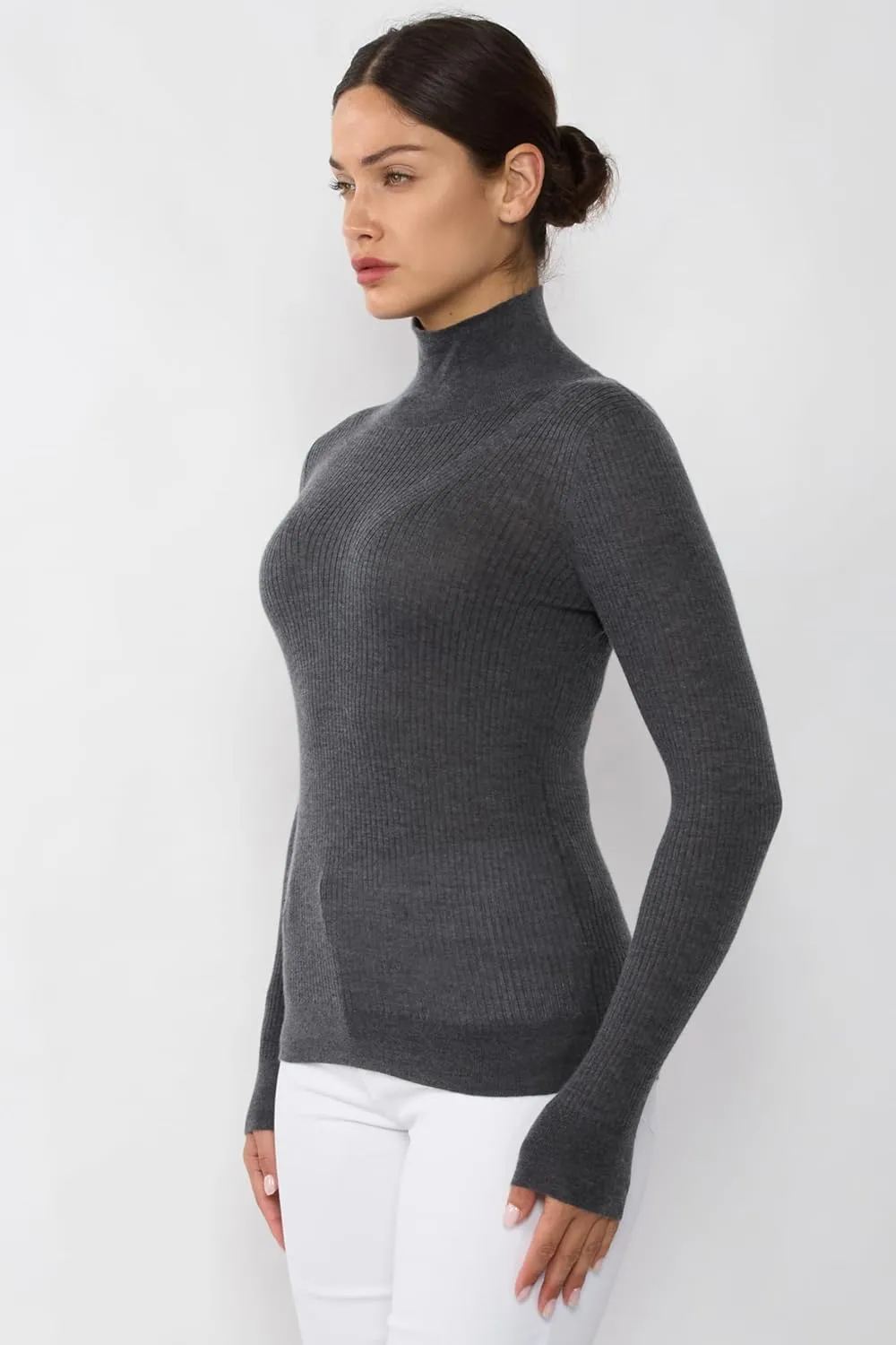 JENNIE LIU Tissue Weight Cashmere Silk Rib-Knit Turtleneck Sweater