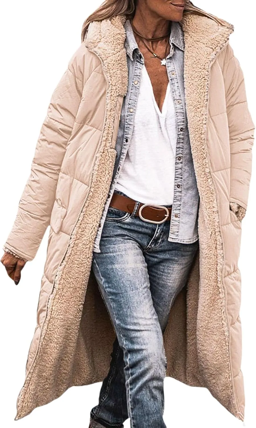 Long Fleece Jacket Women Winter Reversible Puffer Coat Sherpa Padded Down Jackets Oversized Long Sleeve Hooded Coats