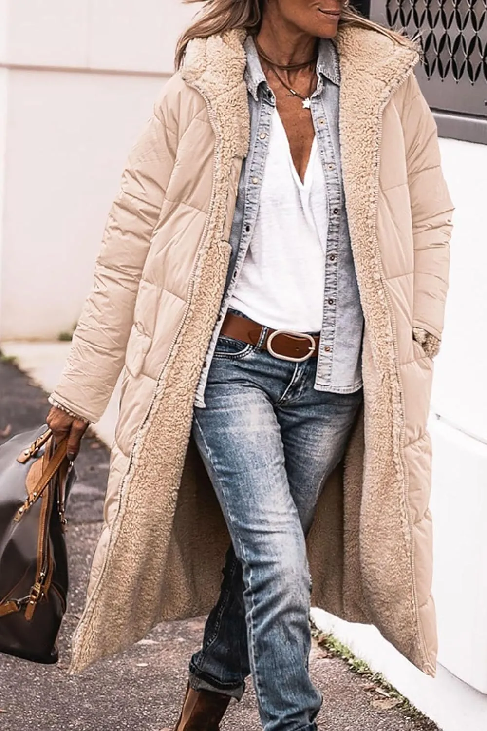 Long Fleece Jacket Women Winter Reversible Puffer Coat Sherpa Padded Down Jackets Oversized Long Sleeve Hooded Coats