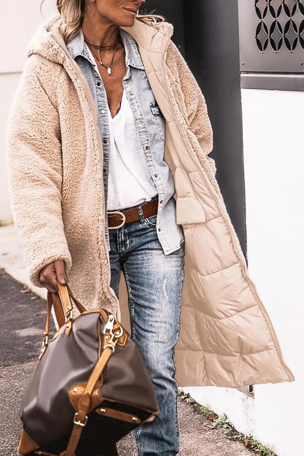 Long Fleece Jacket Women Winter Reversible Puffer Coat Sherpa Padded Down Jackets Oversized Long Sleeve Hooded Coats