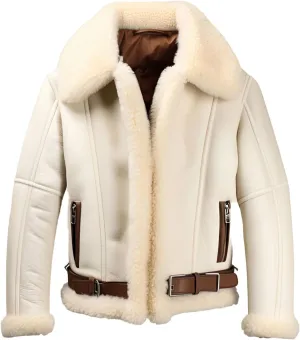 Men’s Beige Genuine Sheepskin Sherpa Shearling Faux Fur Lined Aviator Pilot Winter Warm Air-Force B3 Bomber Leather Jacket