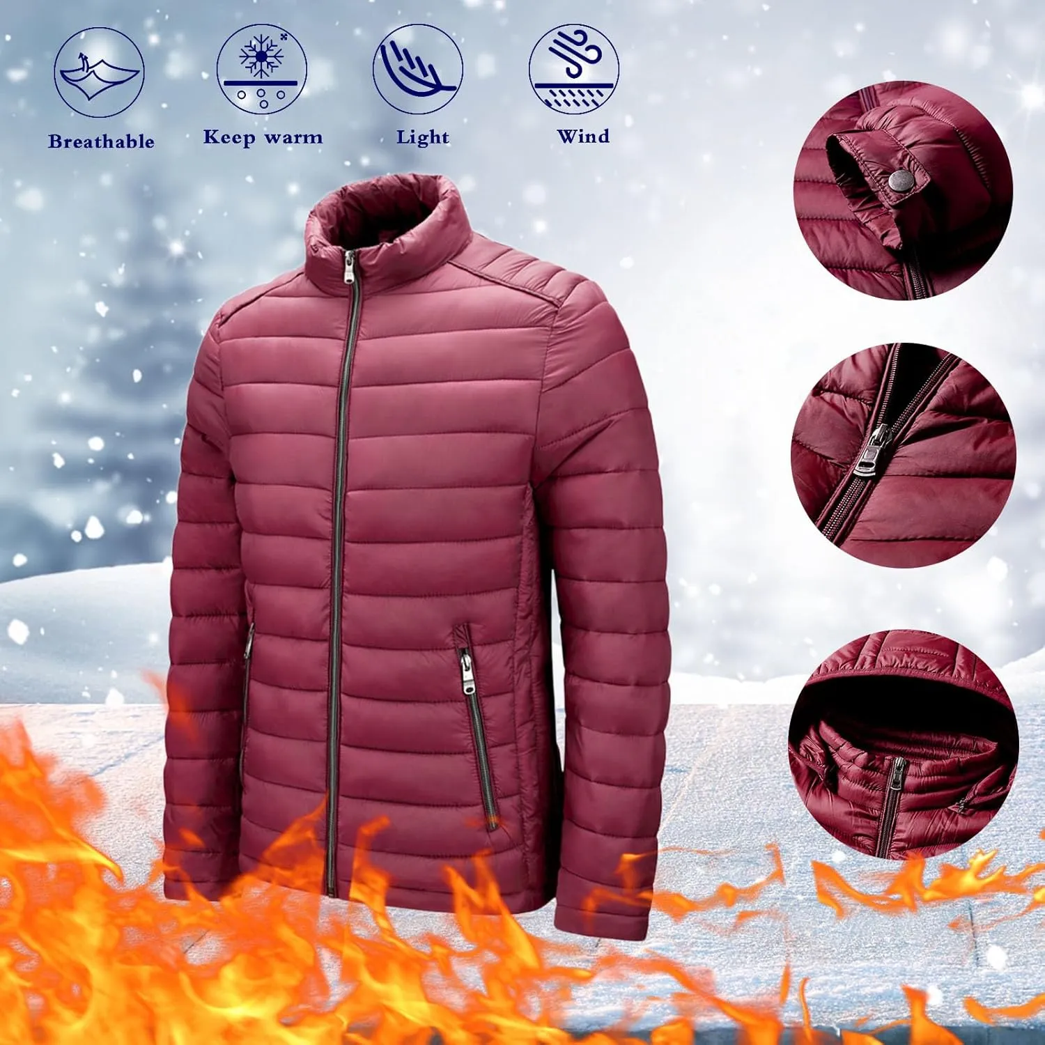 Men's Down Jackets & Coats No Hood Waterproof Full Zip Up Winter Warm Down Jacket Quilted Insulated Puffy Jackets