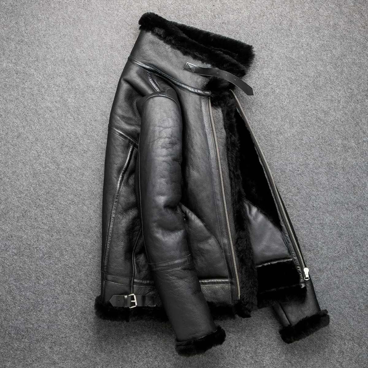 Men's Genuine Lambskin Sherpa Shearling B3 Bomber Jacket - Black, Faux Fur Lined, Air Force Military Leather Jacket