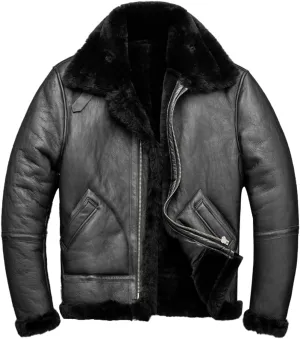 Men's Genuine Lambskin Sherpa Shearling B3 Bomber Jacket - Black, Faux Fur Lined, Air Force Military Leather Jacket