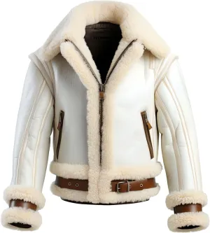 Men’s White Genuine Sheepskin Sherpa Shearling Faux Fur Lined Aviator Flight Pilot Winter Warm B3 Bomber Leather Jacket