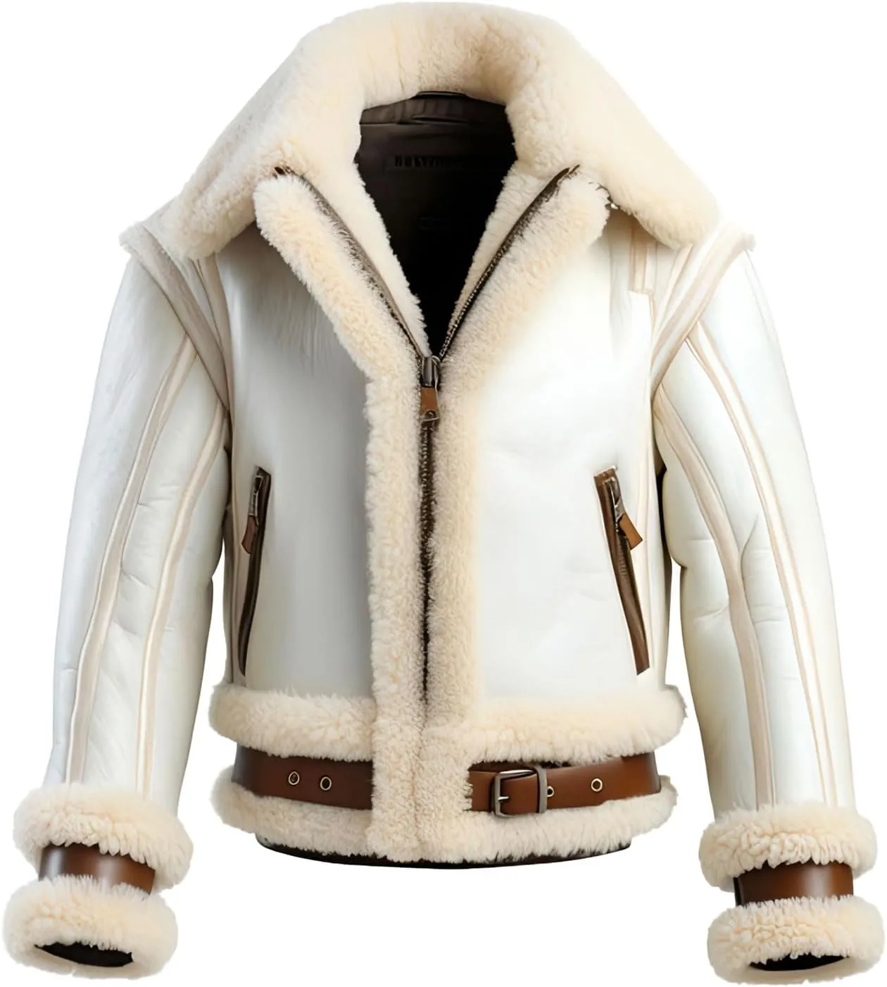 Men’s White Genuine Sheepskin Sherpa Shearling Faux Fur Lined Aviator Flight Pilot Winter Warm B3 Bomber Leather Jacket
