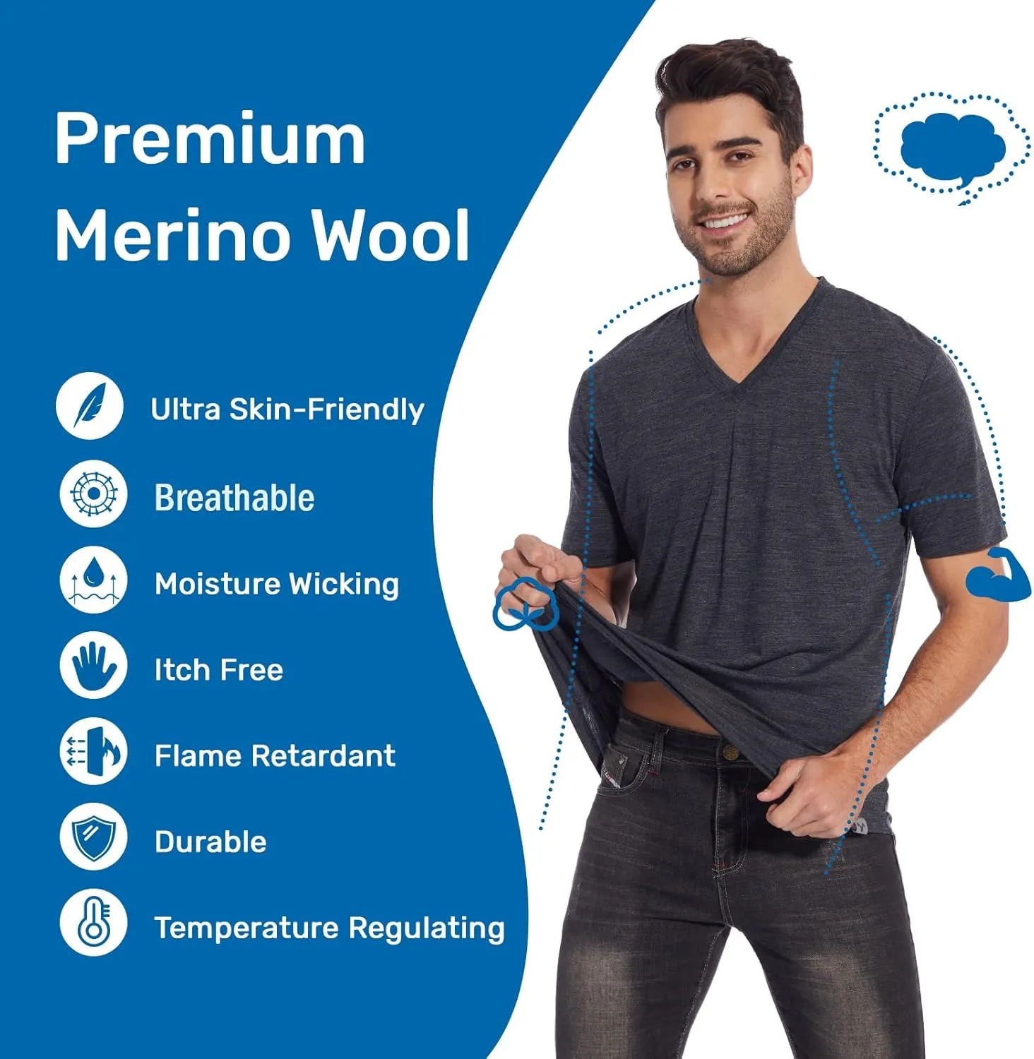 MERINNOVATION Mens Merino Wool V Neck T-Shirt Wicking Merino Wool Undershirt Lightweight Base Layer Hiking Travel