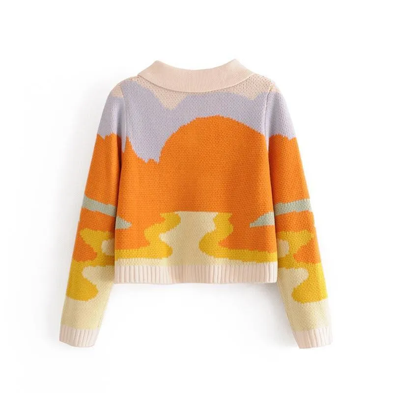 Print Short Knitted Sweater Single Breasted Loose Cardigans
