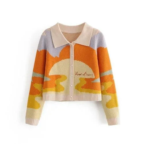 Print Short Knitted Sweater Single Breasted Loose Cardigans