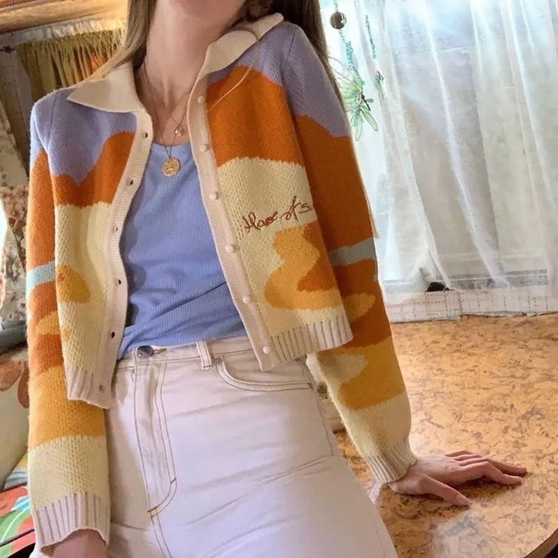 Print Short Knitted Sweater Single Breasted Loose Cardigans