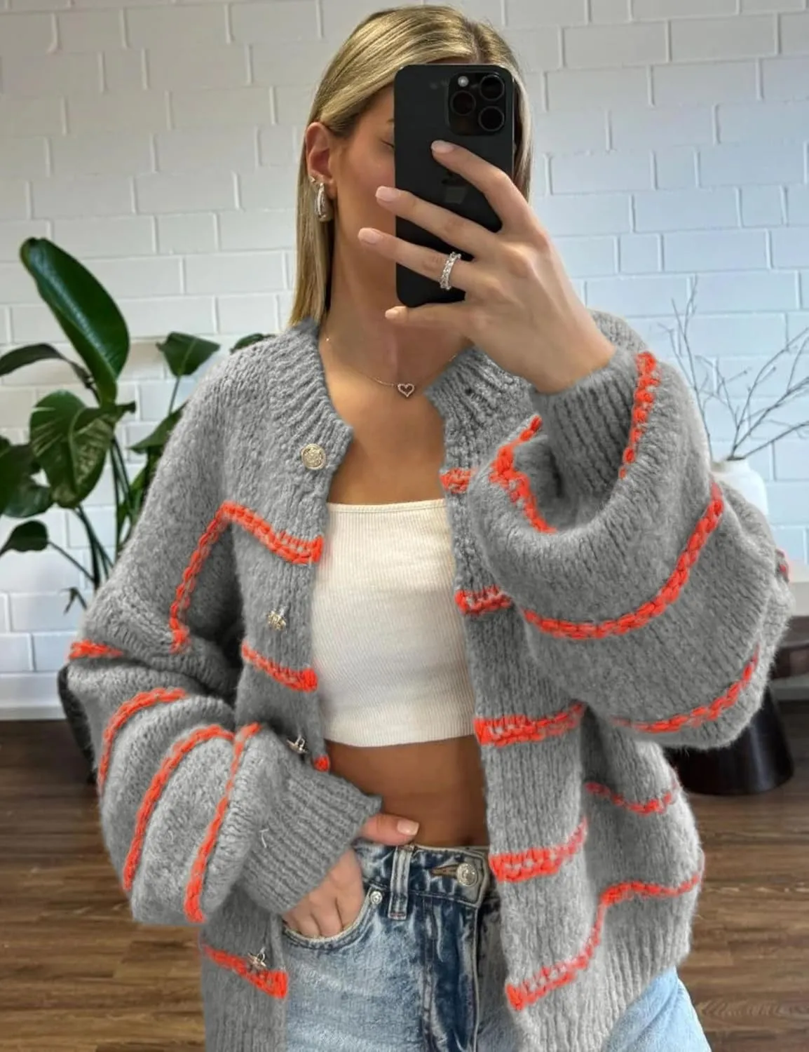 QIBABU Womens Striped Cardigan Sweaters Casual Open Front Long Sleeve Button Down Knit Outwear