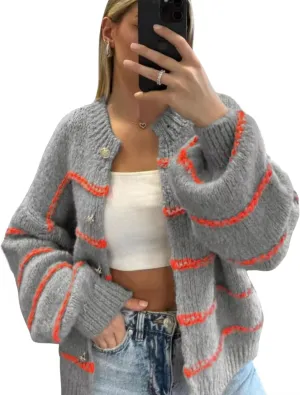 QIBABU Womens Striped Cardigan Sweaters Casual Open Front Long Sleeve Button Down Knit Outwear
