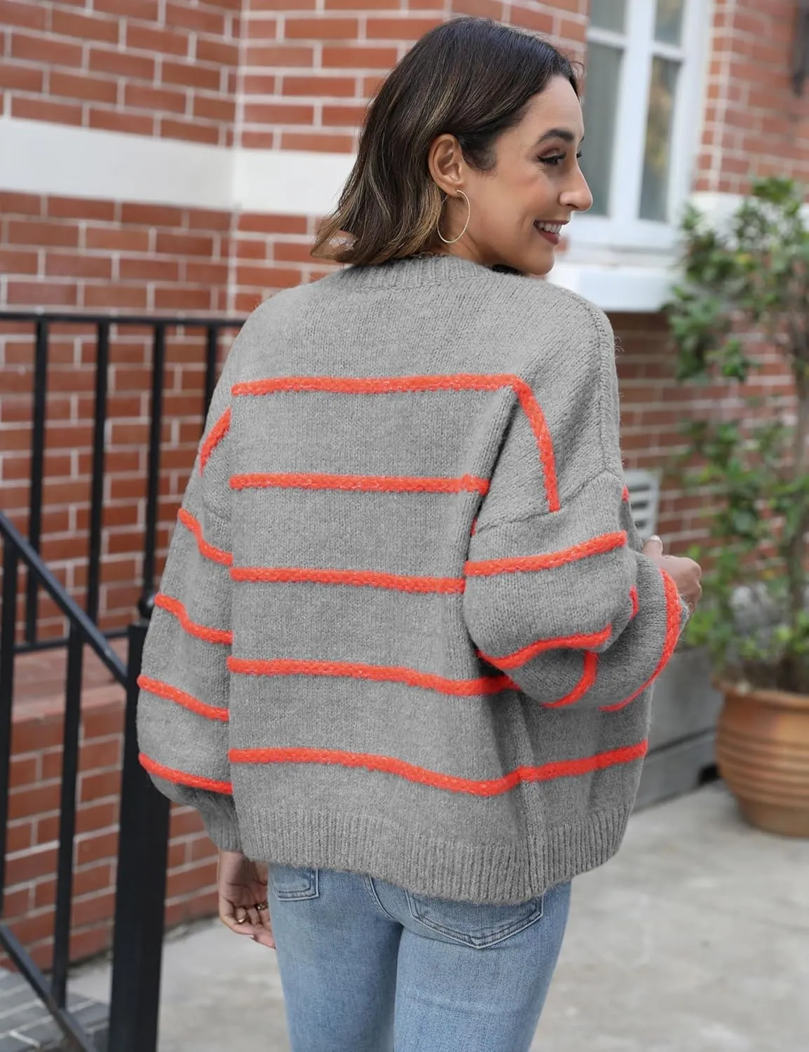 QIBABU Womens Striped Cardigan Sweaters Casual Open Front Long Sleeve Button Down Knit Outwear