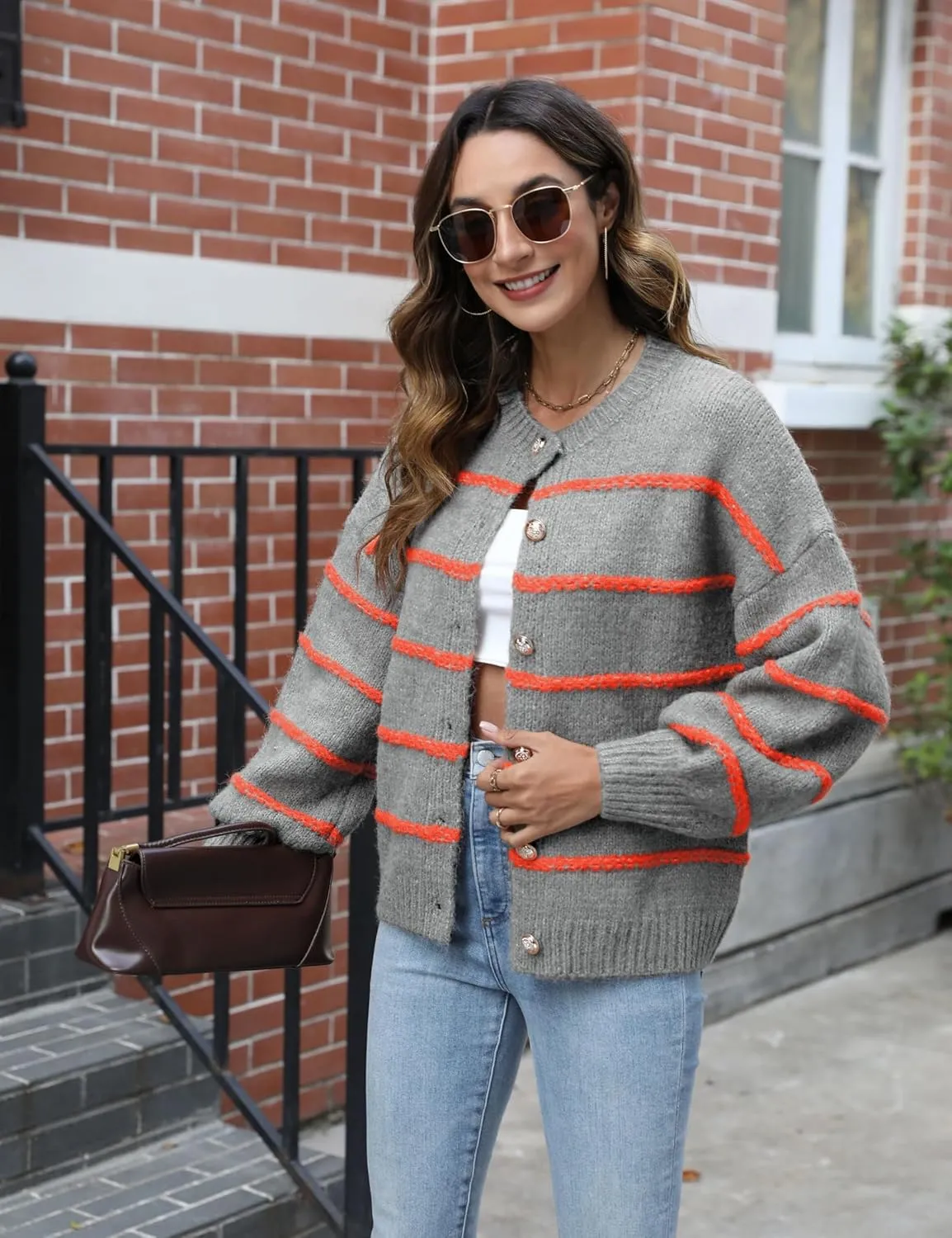 QIBABU Womens Striped Cardigan Sweaters Casual Open Front Long Sleeve Button Down Knit Outwear