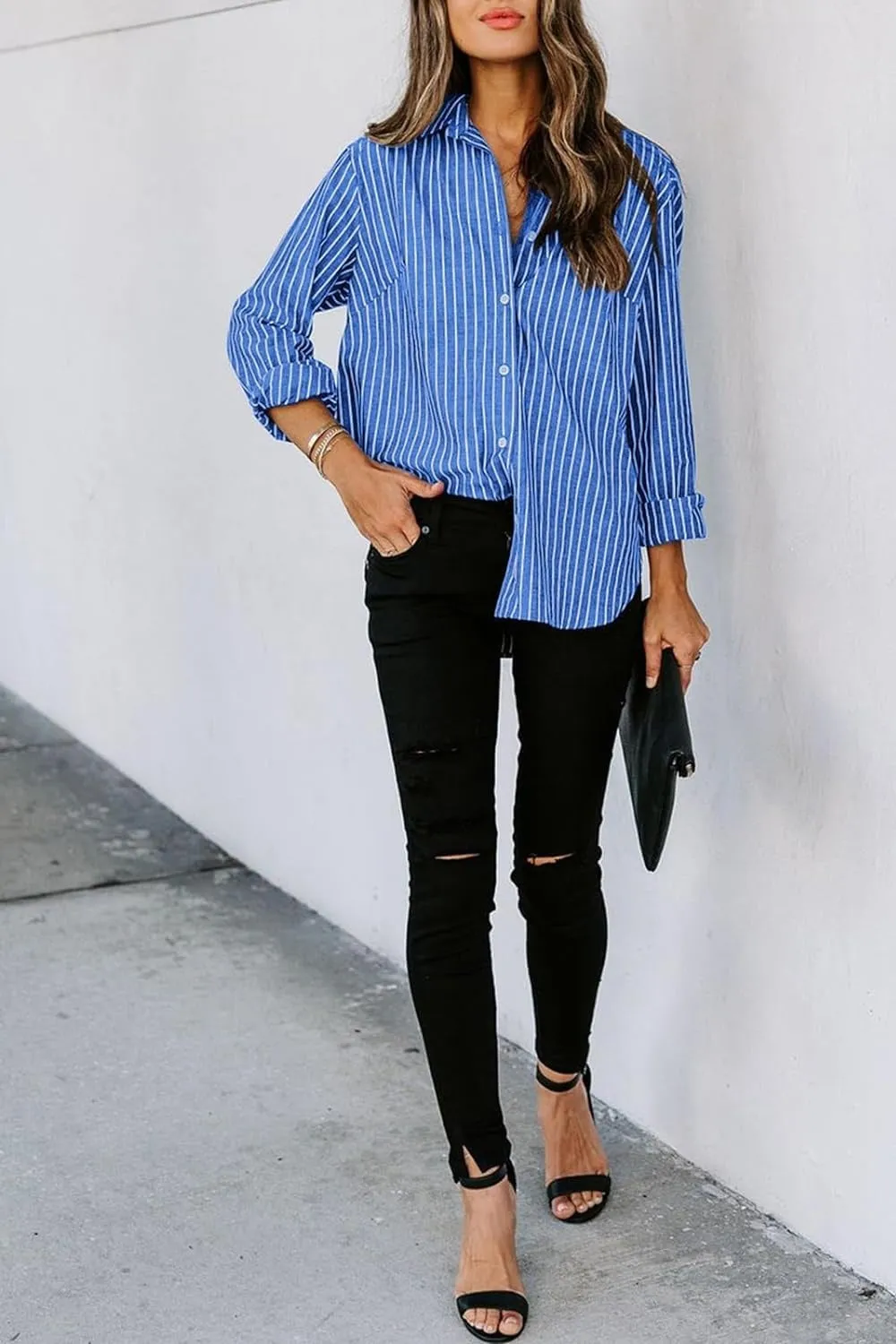 Striped Button Up Long Sleeve Shirt Women's Casual Button Down Pin Stripe Collar Shirt