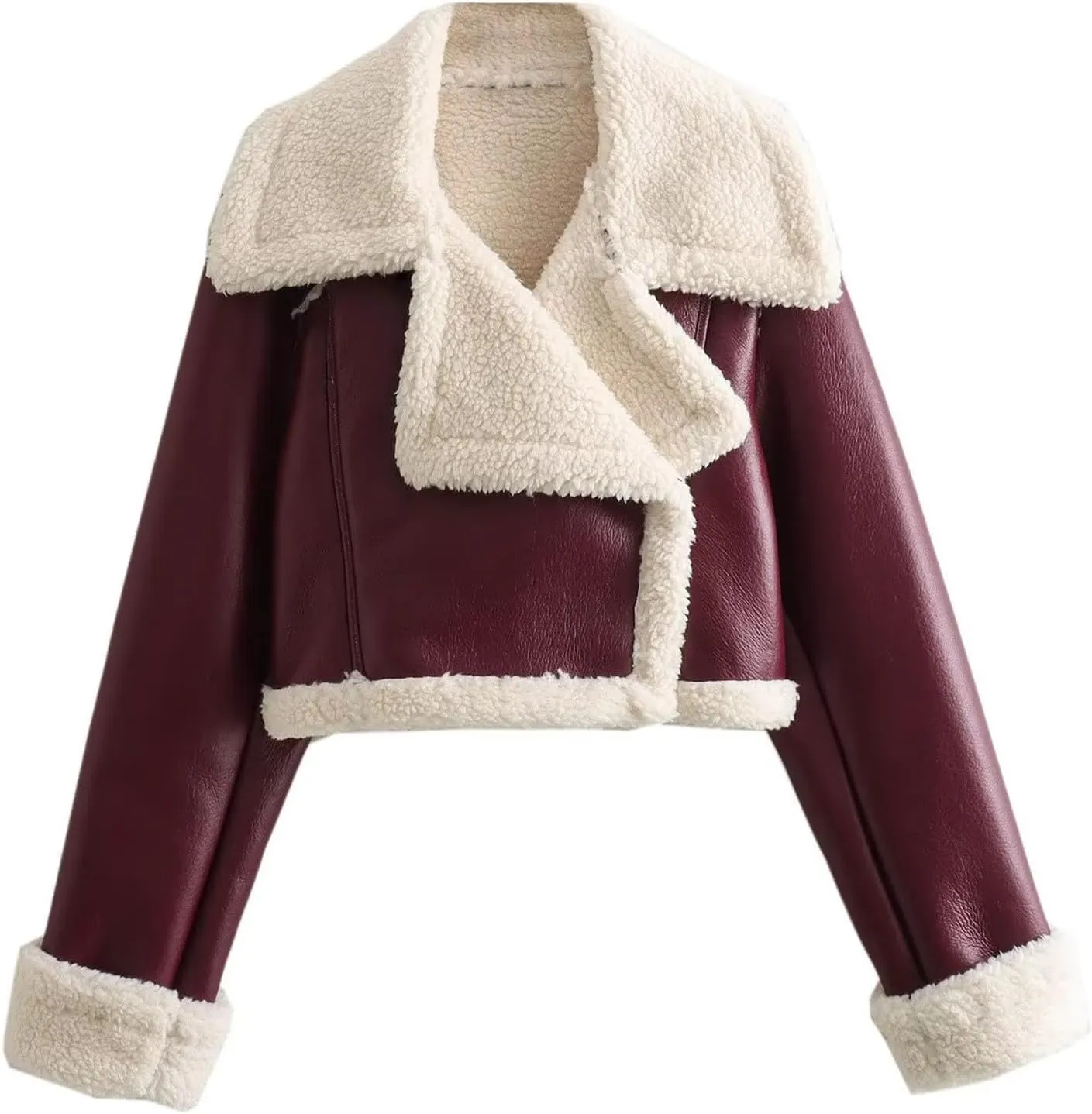 Uillui Womens Winter Faux Leather Jacket Motorcycle Short Sherpa-Lined Coat Thick Shearing Fur Lined Cropped Bomber Jacket