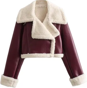 Uillui Womens Winter Faux Leather Jacket Motorcycle Short Sherpa-Lined Coat Thick Shearing Fur Lined Cropped Bomber Jacket