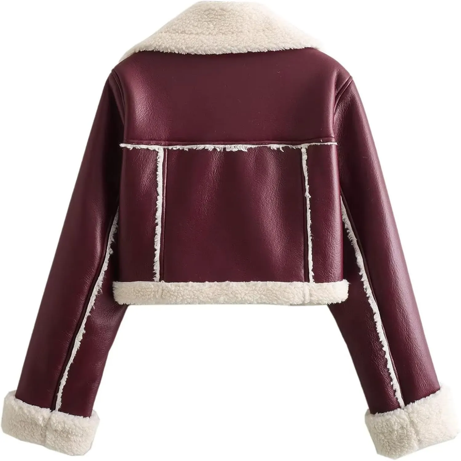Uillui Womens Winter Faux Leather Jacket Motorcycle Short Sherpa-Lined Coat Thick Shearing Fur Lined Cropped Bomber Jacket