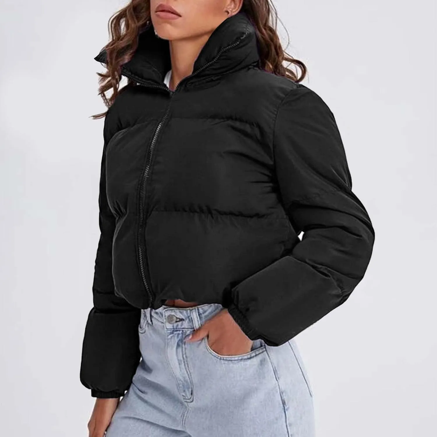 Women's 2024 Winter Long Sleeve Zip Cropped Short Puffer Jacket Parkas Pockets Baggy Down Coats Warm Quilted Jacket