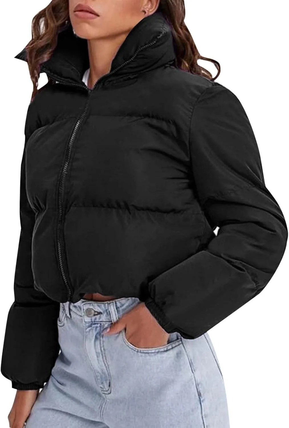 Women's 2024 Winter Long Sleeve Zip Cropped Short Puffer Jacket Parkas Pockets Baggy Down Coats Warm Quilted Jacket