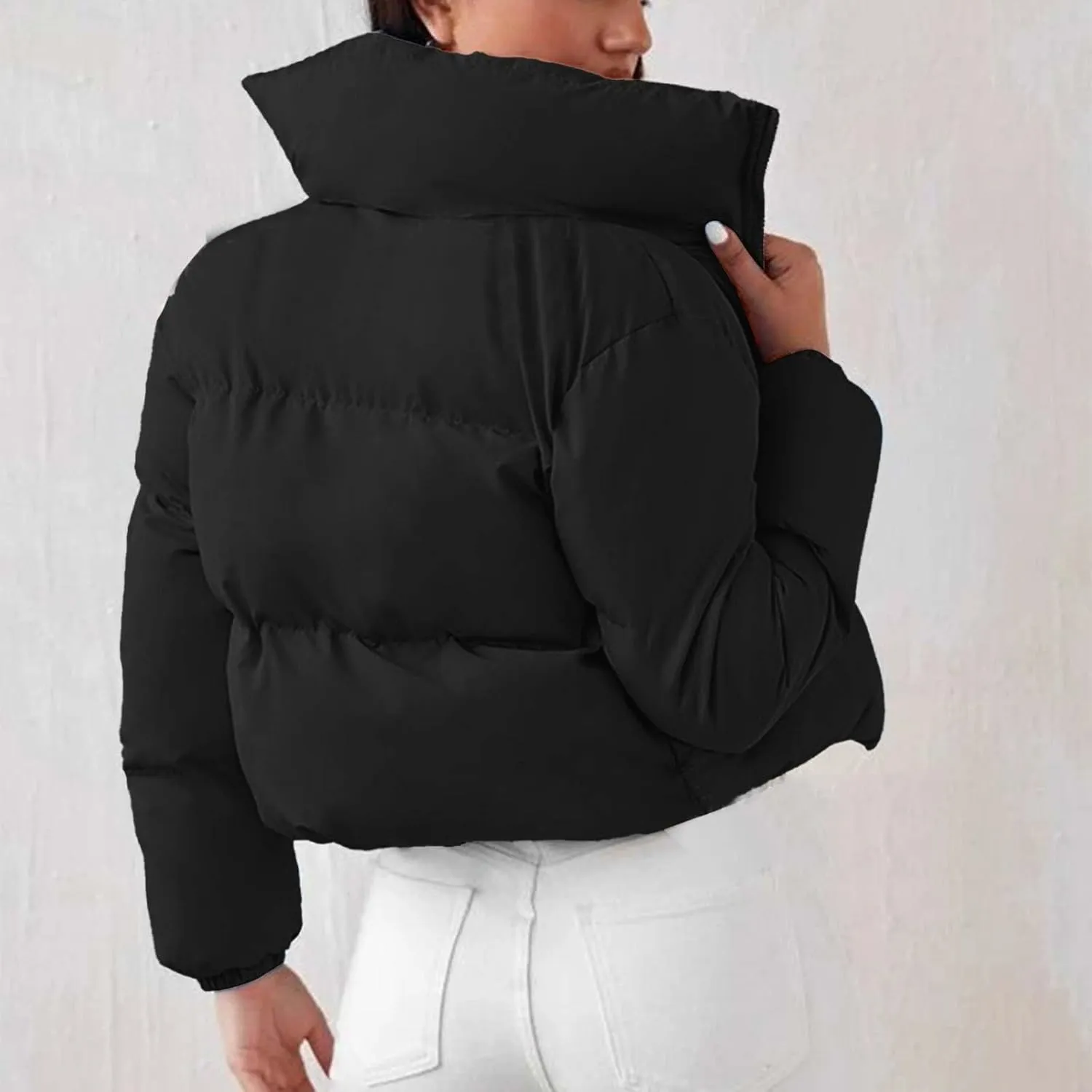 Women's 2024 Winter Long Sleeve Zip Cropped Short Puffer Jacket Parkas Pockets Baggy Down Coats Warm Quilted Jacket
