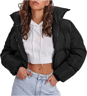 Women's 2024 Winter Long Sleeve Zip Cropped Short Puffer Jacket Parkas Pockets Baggy Down Coats Warm Quilted Jacket