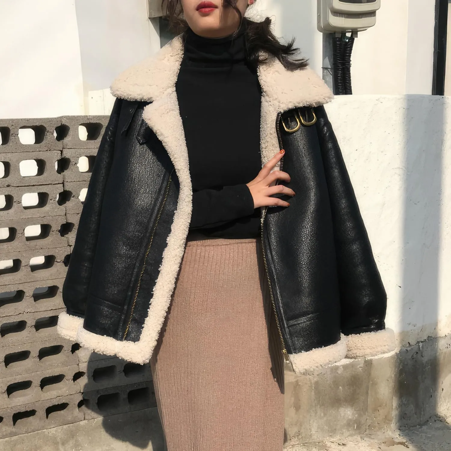Women’s Black Bomber Genuine Sheepskin Sherpa shearling faux fur lined Aviator Winter Warm Leather Jacket