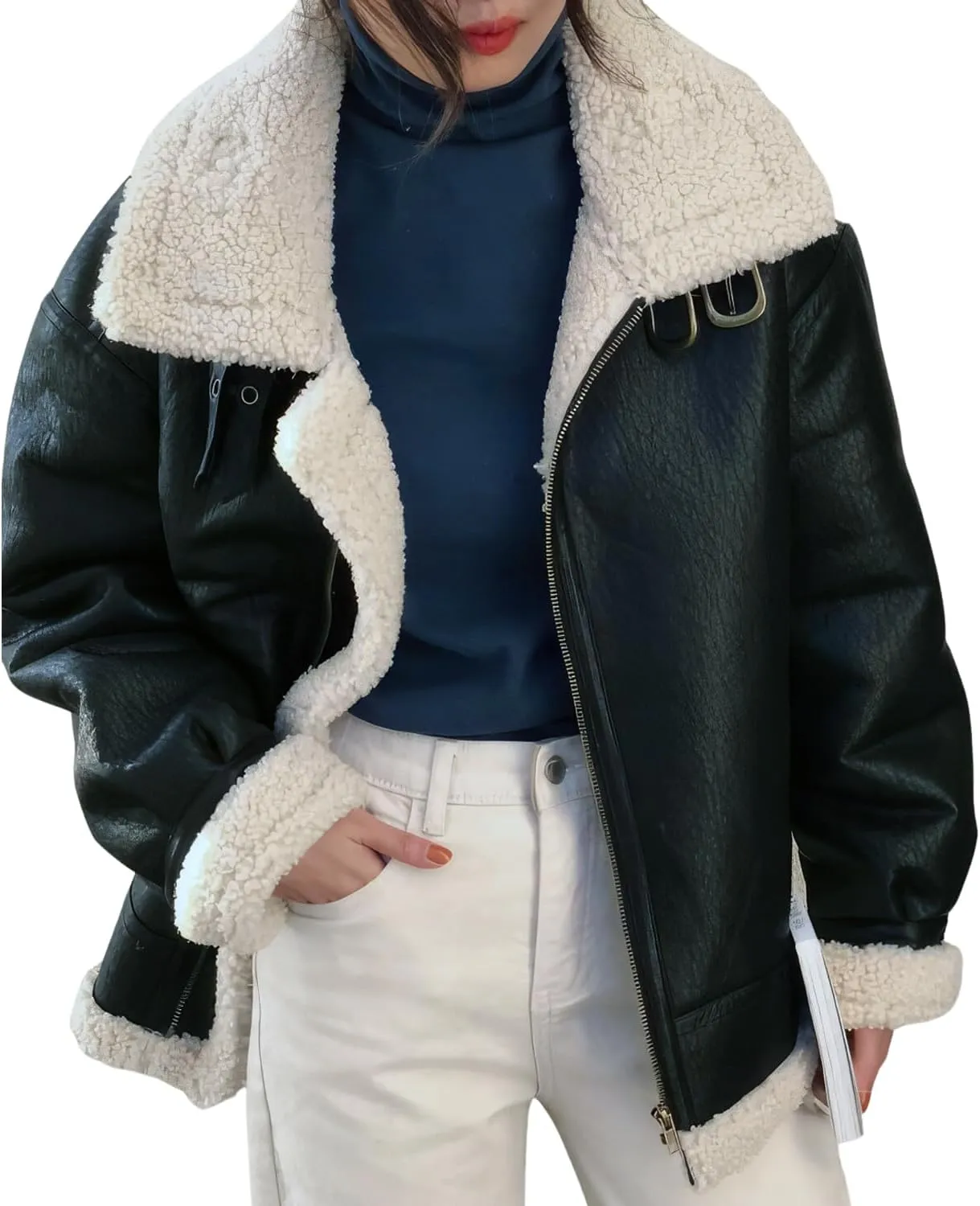 Women’s Black Bomber Genuine Sheepskin Sherpa shearling faux fur lined Aviator Winter Warm Leather Jacket
