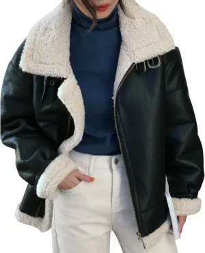 Women’s Black Bomber Genuine Sheepskin Sherpa shearling faux fur lined Aviator Winter Warm Leather Jacket