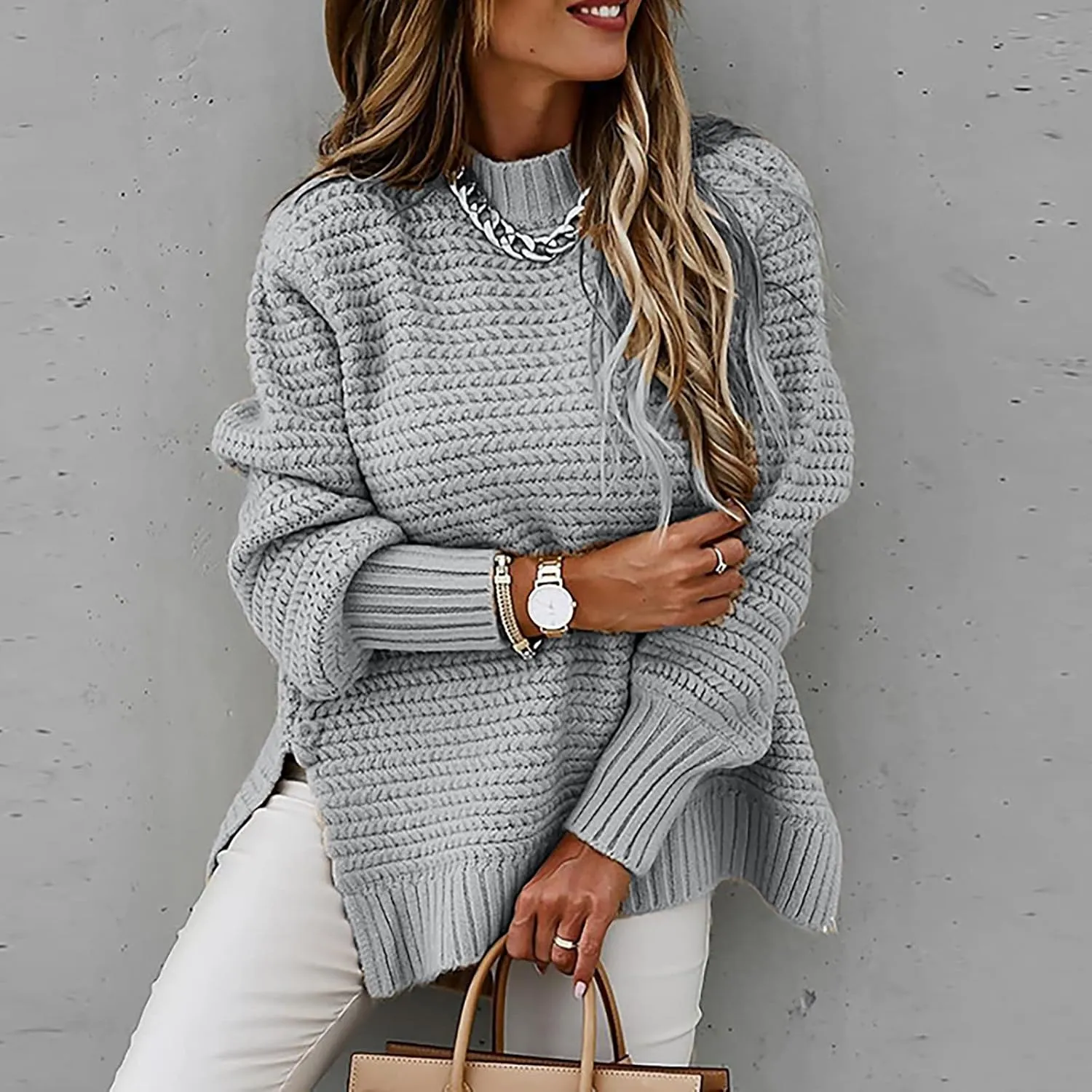 Womens Cable Knit Sweaters Loose Casual Crew Neck Jumpers Oversized Knitted Sweater Vintage Side Slit Pullover