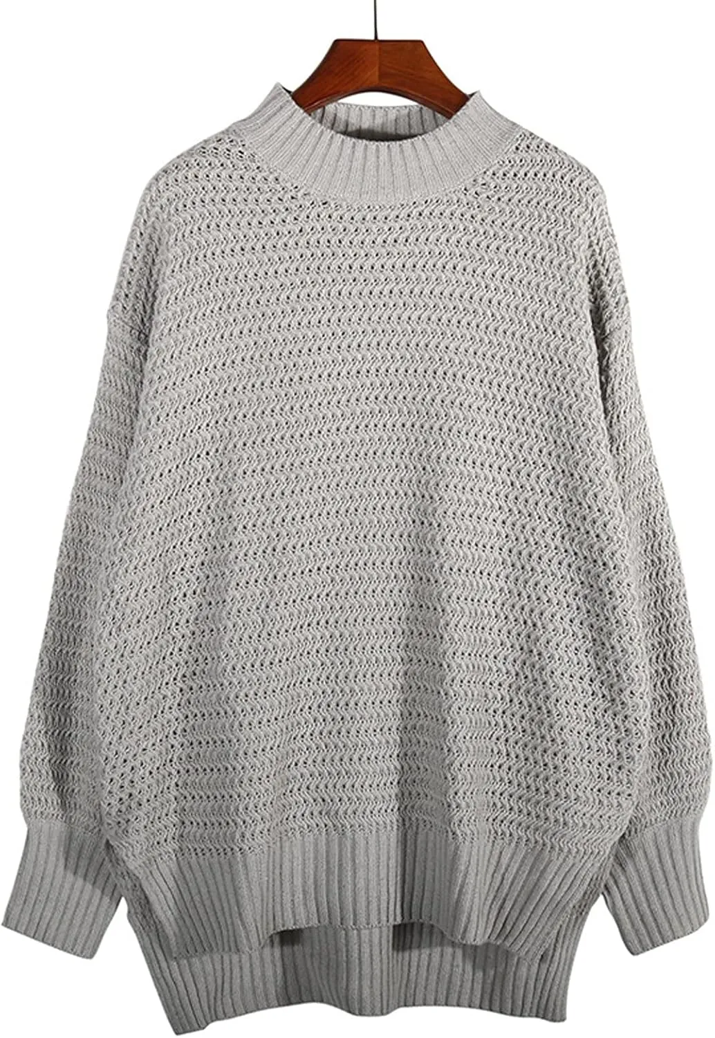 Womens Cable Knit Sweaters Loose Casual Crew Neck Jumpers Oversized Knitted Sweater Vintage Side Slit Pullover