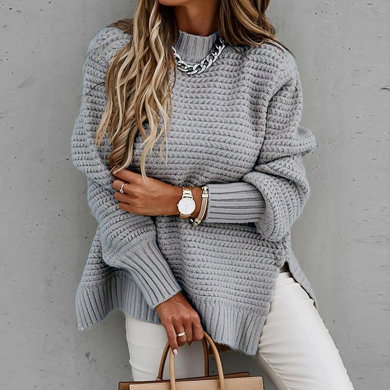 Womens Cable Knit Sweaters Loose Casual Crew Neck Jumpers Oversized Knitted Sweater Vintage Side Slit Pullover