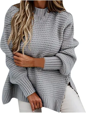 Womens Cable Knit Sweaters Loose Casual Crew Neck Jumpers Oversized Knitted Sweater Vintage Side Slit Pullover