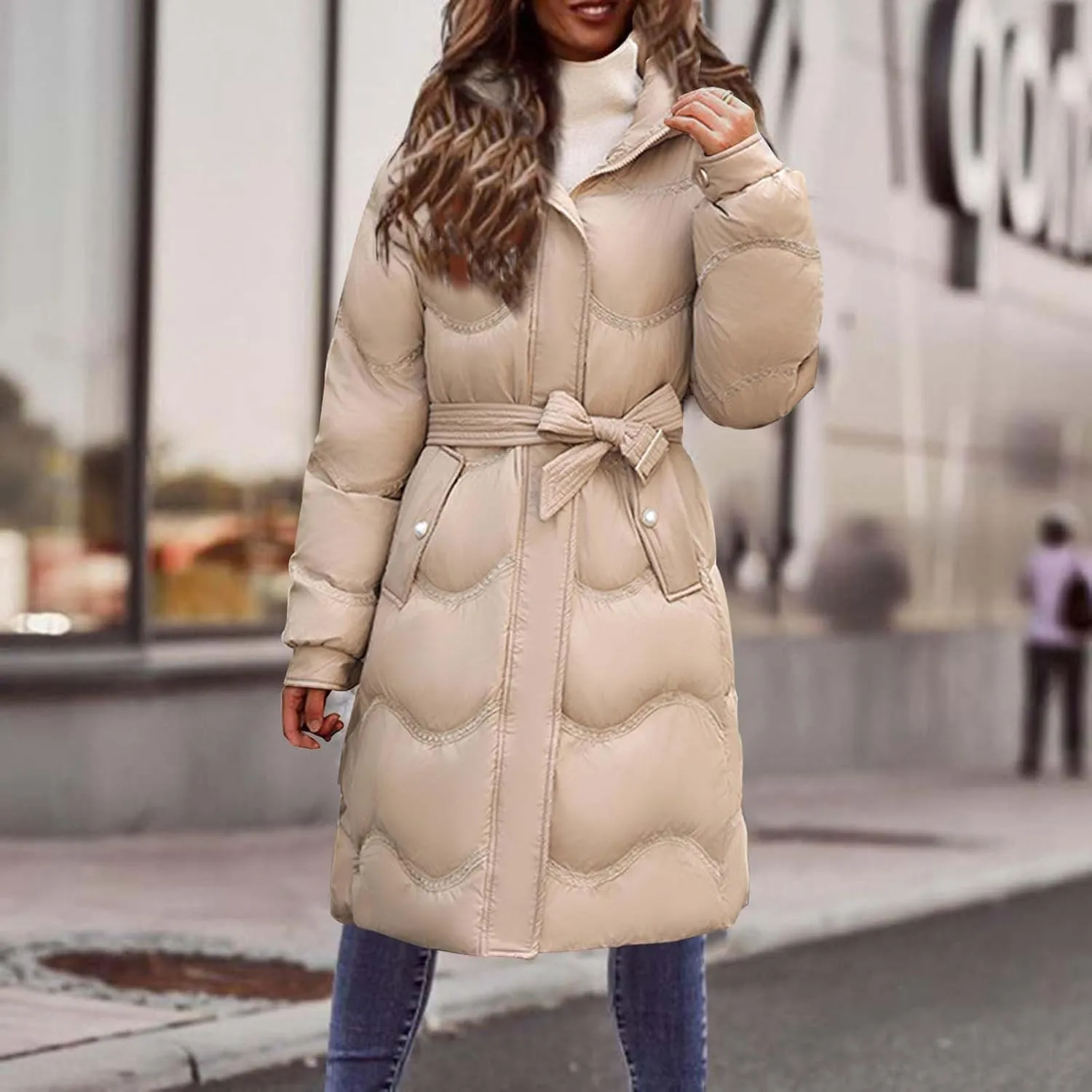 Women's Down Jacket Thickened Knee-Length Quilted Puffer Jackets Padded Warm Winter Coat Hoodies Outerwear Pockets