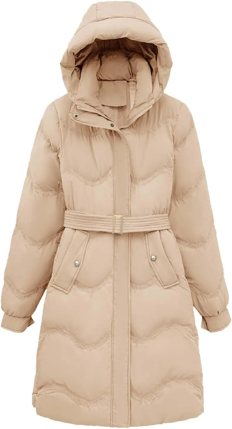 Women's Down Jacket Thickened Knee-Length Quilted Puffer Jackets Padded Warm Winter Coat Hoodies Outerwear Pockets