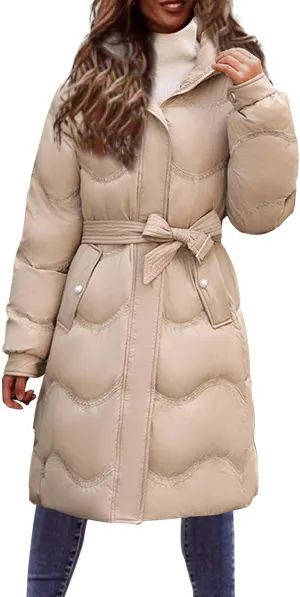 Women's Down Jacket Thickened Knee-Length Quilted Puffer Jackets Padded Warm Winter Coat Hoodies Outerwear Pockets