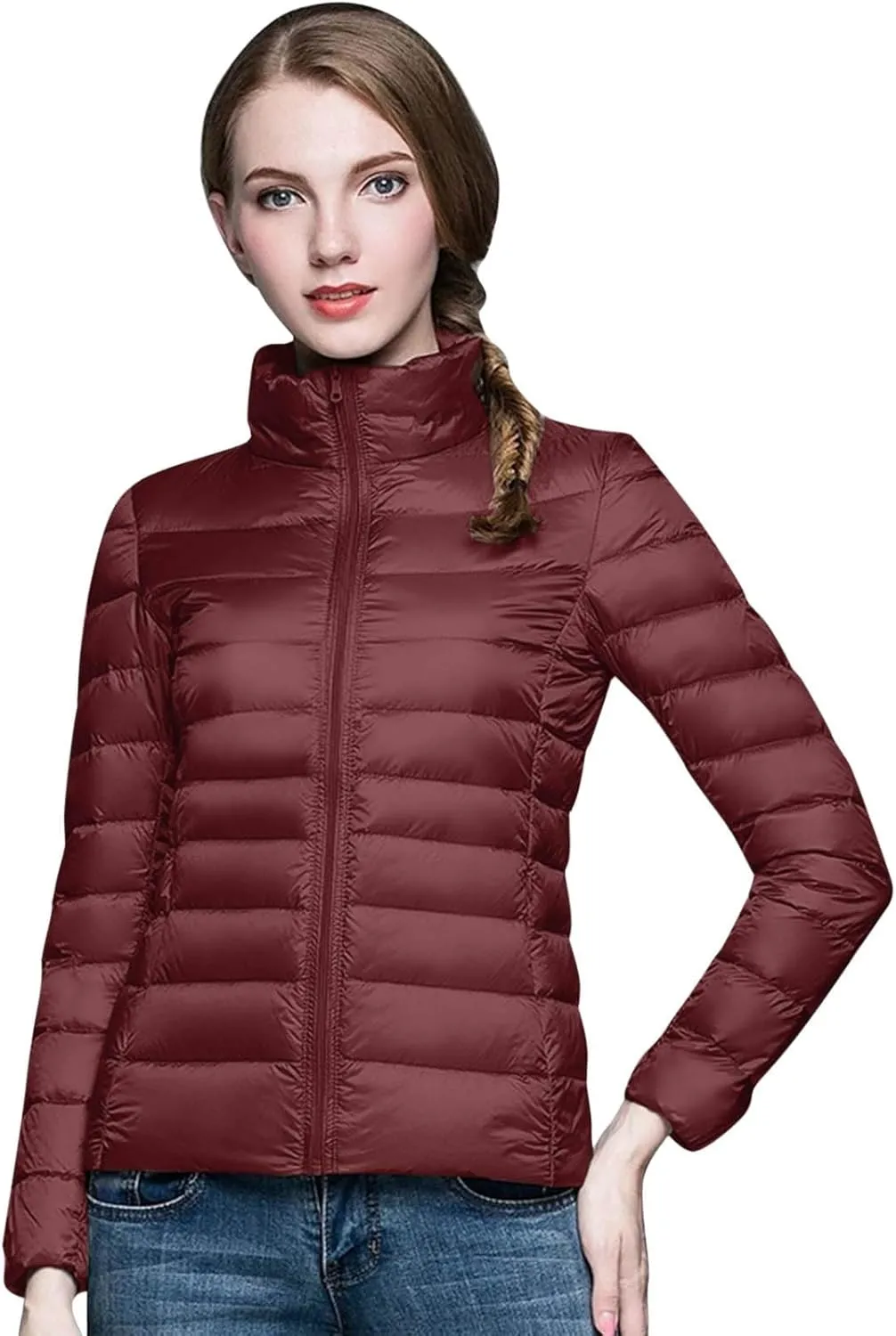 Womens Lightweight Puffer Jacket Winter Warm Windproof Hoodless Down Coat Slim Fit Cropped Zipper Long Sleeve Outwear