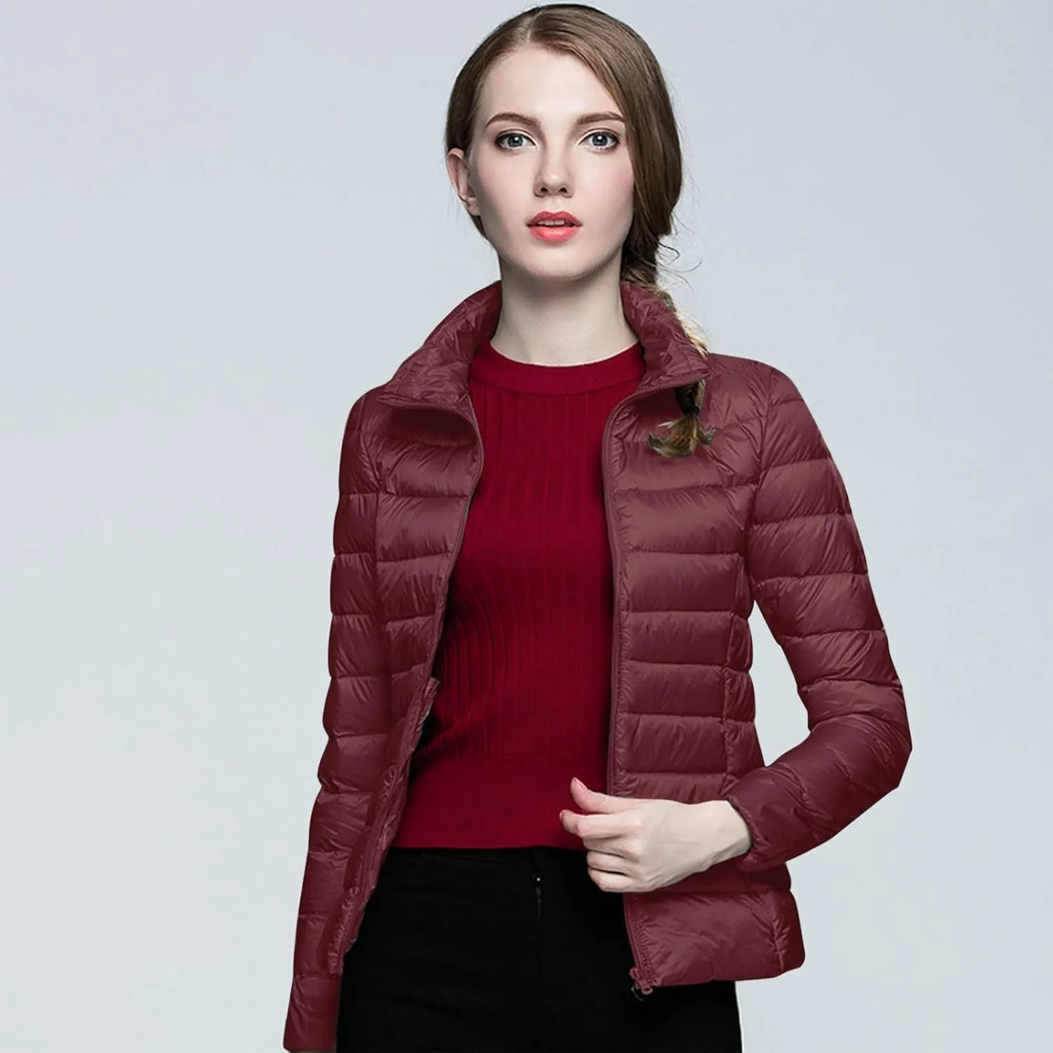 Womens Lightweight Puffer Jacket Winter Warm Windproof Hoodless Down Coat Slim Fit Cropped Zipper Long Sleeve Outwear