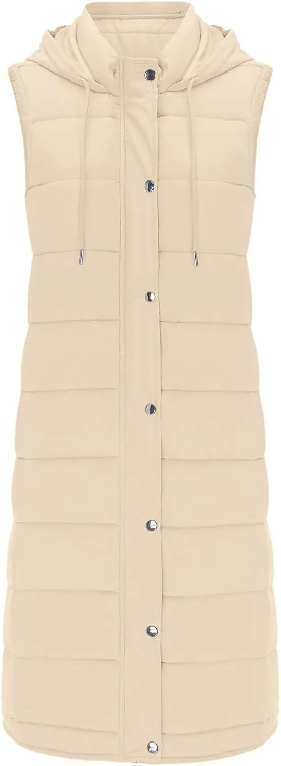 Women's Long Vest Sleeveless Lightweight Puffer Jacket Down Coat Quilted Vest Hood Warm Winter with Pocket Plus Size