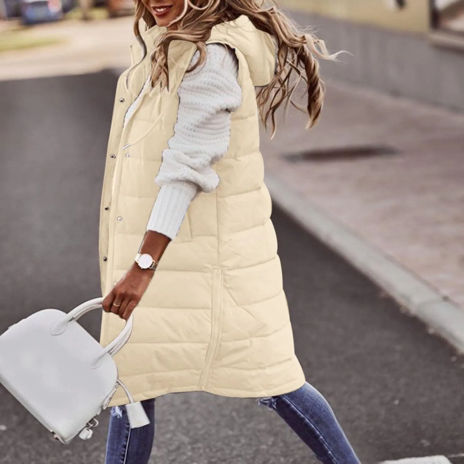 Women's Long Vest Sleeveless Lightweight Puffer Jacket Down Coat Quilted Vest Hood Warm Winter with Pocket Plus Size