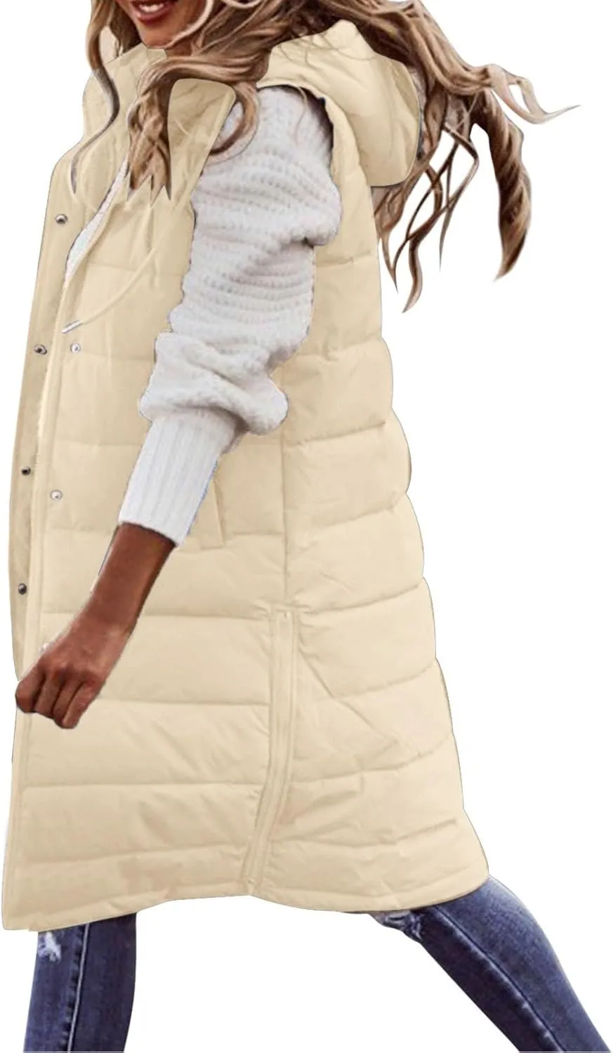 Women's Long Vest Sleeveless Lightweight Puffer Jacket Down Coat Quilted Vest Hood Warm Winter with Pocket Plus Size