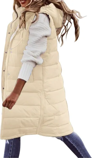 Women's Long Vest Sleeveless Lightweight Puffer Jacket Down Coat Quilted Vest Hood Warm Winter with Pocket Plus Size