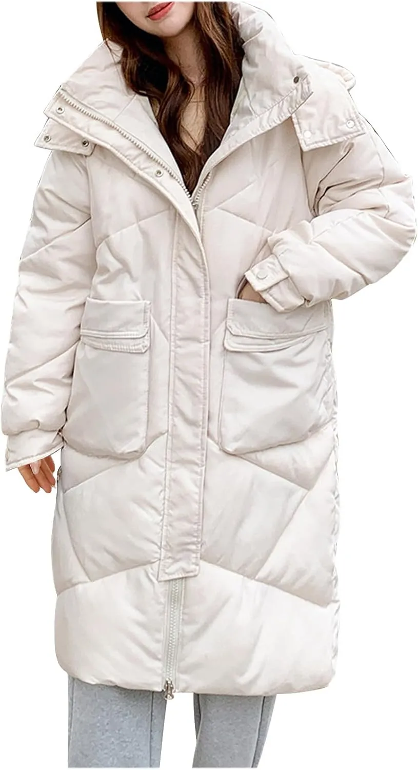 Women's Long Winter Puffer Coat Windproof Warm Maxi Down Jacket Quilted Thickened Hood Parka Down Coats Outerwear